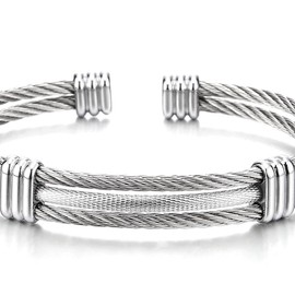 COOLSTEELANDBEYOND Men Women Stainless Steel Twisted Cable Adjustable Cuff Bangle Bracelet Silver Color