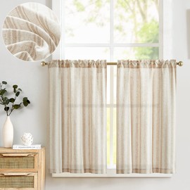 TOPICK Kitchen Curtains Linen Striped Cafe Curtains 24 Inch Drop Small Window Translucent Curtains Ticking Stripe Light Filtering Curtains for Farmhouse Bathroom Laundry 2 Panels Taupe Stripe