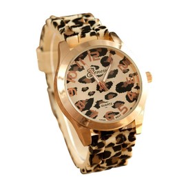 FANMIS Unisex Geneva Leopard Silicone Watch Minimalist Ultra-Thin Watch Jelly Gel Watch Ladies Dress Bracelet Watch Analog Quartz Rose Gold Watch Fashion Design Lady Girl Watch (Gold)