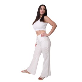 Unlimit Womens Casual Pants Wide Legs Cotton Linen, Soft Lightweight Comfy Long Lounge Pants for Summer, Beach and Home, Elastic Waist Drawstring Trousers with Pockets. (Medium, White)