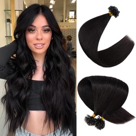 SLEEKALON U Tip Hair Extensions Real Human Hair Pre Bonded Hair Extensions Keratin U Tip Hot Fusion Human Hair Extensions Natural Black U Tips Remy Hair Straight Silky, 18 Inch 100 Strands 50g #1B