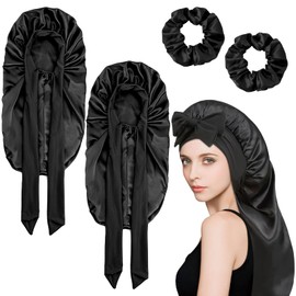 2 x Bonnet Sleep Cap and 2 x Hair Scrunchies Black, Silk Hood for Sleeping, Long Hair Cap for Sleeping, Silk Hair Cap for the Night, Silk Hood, Long Hair Protection