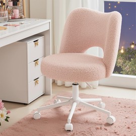 DurayLoly Vanity Chair with Wheels Pink,Cute Vanity Chair with Back,Ultra-Plush Fleece Cute Desk Chair, Small Office Chair Height Adjustable,for Make-up Room,Bedroom