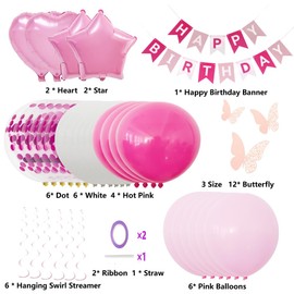 UOMYLEIR Pink Birthday Decorations, Happy Birthday Banner for Kids, Glitter Hanging with Butterfly, Birthday Bunting Banner with Balloons