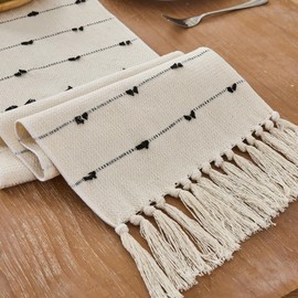 Zkanac Table Runner 90 Inches Long, Boho Style with Handmade Tassels for Kitchen Dining Table, 70% Cotton & 30% Linen, Modern Farmhouse Home Decor for Living Room (Beige Black, 12x90 Inch)
