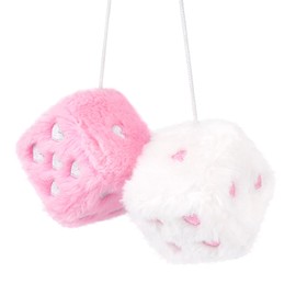 Heart Embroidered Fuzzy Plush Dice - 3-Inch Decorative Car Mirror Hanging Ornaments, Soft Foam, Easy Install, Great Gift Idea (Pink-White)