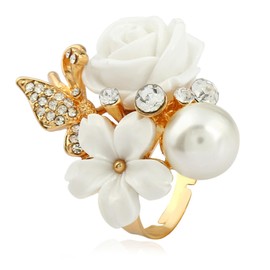 Aloluo CZ White Rose Plumeria Flower Resin Statement Ring for Women Gold Plated Cubic Zirconia Butterfly Pearl Boho Adjustable Expandable Open Band Finger Rings Birthday Wedding Bohemia Jewelry Gift
