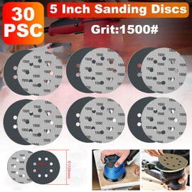 DAKLM 30pcs 5 Inch Sanding Discs Hook & Loop 8 Holes Wet Dry 1500 Grit Orbital Sandpaper, Silicon Carbide Round Flocking Sandpaper