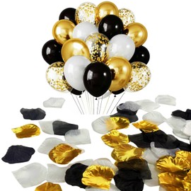 Gold White Black Rose Petals 1200 pcs Artificial Flower Petals & 20 pcs Balloons Set for Birthday, Valentine's Day, Wedding, Party,Gold Petals, Fake Rose Petals and Balloons Kit (Gold, Black, White)
