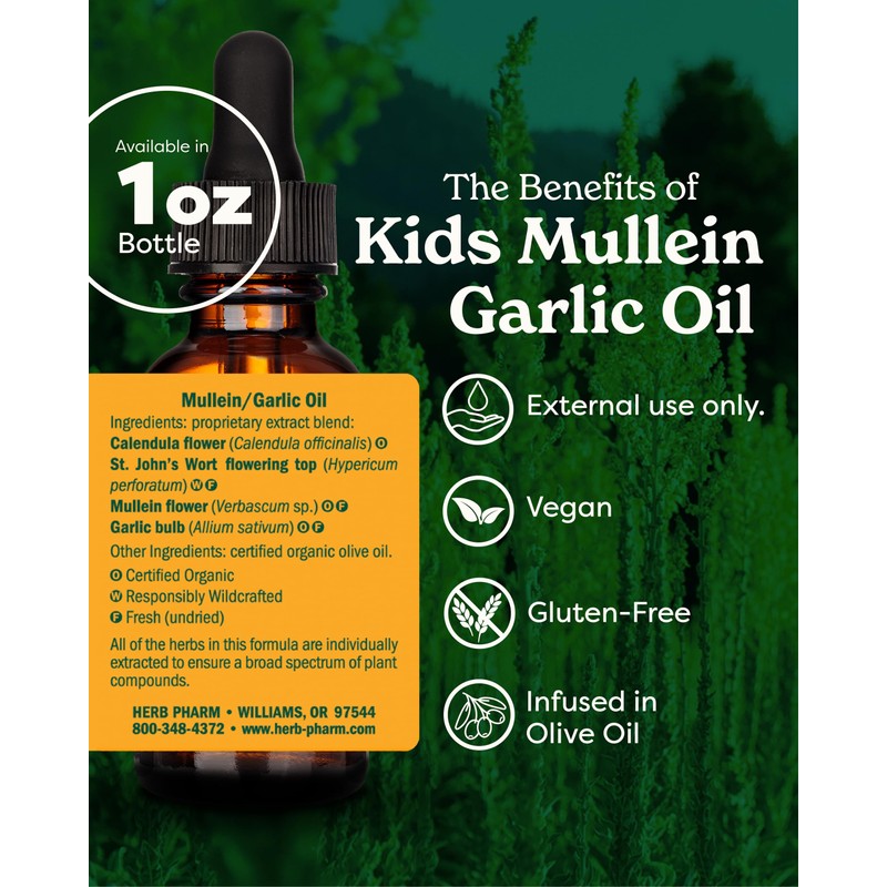 Herb Pharm Kids Mullein and Garlic Oil, Calendula, Garlic, Mullein,