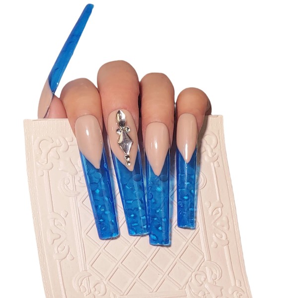 Handmade Extra Long Press On Nails Square，10pcs Fake Nails，Light Blue