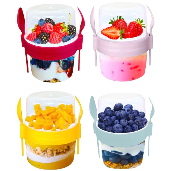 VL 4PCs Yogurt Pots Reusable 500ml Overnight Oats Container with Spoon & Fork BPA free Breakfast Pots to GO Cereal On the Go Dishwasher Safe Lunch Box Oatmeal Jars Set of 4 (Red, Pink, Grey, Yellow)