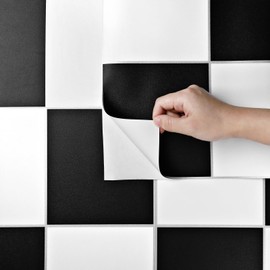 Skyblur Peel and Stick Waterproof Black and White Checkered Floor Tiles, 12-Inch Vinyl, 4 Tiles (12" X 12")