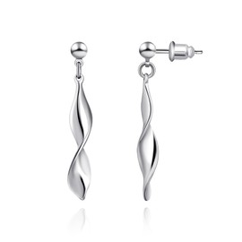 Silver Spiral Stud Earrings for Women – Infinity Twist Geometric Dangle Earrings with 925 Sterling Silver Post – Trendy Minimalist Long Drop Jewelry with Olive Tip Design