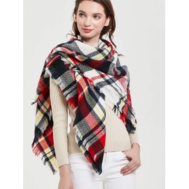 Wander Agio Womens Warm Scarf Square Shawls Infinity Scarves Stripe Big Plaid White Red 4