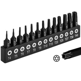 DAKCOS Torx Bit Set 13-Piece T4, T5, T6, T7, T8, T9, T10, T15, T20, T25, T27, T30, T40, Screwdriver Bit Set Torx Made of S2 Steel, T-Profile with Bore, Length: 25 mm