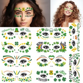 St Patrick’s Day Temporary Face Tattoos Sticker Green Shamrock Temporary Tattoos Makeup Tattoo Stickers Irish Clover Hat Heart Butterfly Fake Tattoos for Saint Patrick’s Day Party Supplies 10PCS