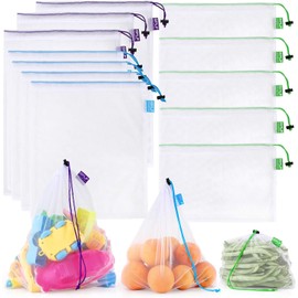 SPLF - 12 Bolsas de Malla Reutilizables Resistentes con Cordón para Frutas, Verduras, Alimentos, Juguetes, Almacenamiento de Comestibles, Tamaño Grande, Mediano y Pequeño