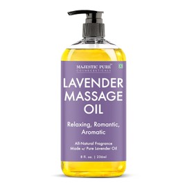 MAJESTIC PURE Aceite de masaje de lavanda para hombres y mujeres, ideal para calmar, calmar y relajarse, mezcla de aceites naturales para masaje terapéutico y aromaterapia, 8 onzas líquidas