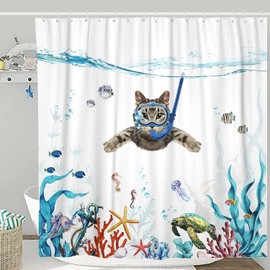 SparkLia Funny Cat Shower Curtain, Diving Underwater World Shower Curtain Sets with Animal Turtle Octopus Starfish, Waterproof Fabric Nautical Kids Curtain with Hooks for Bathroom Décor - 72" x 72"