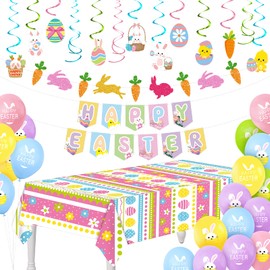 PLULON 42Pcs Easter Decorations, Happy Easter Banner Bunny Bunting Garland Easter Egg Tablecloth Carrot Easter Bunny Hanging Swirls Easter Party Balloons for Spring Party Favors Easter Decor for Home