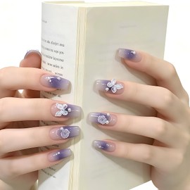 SURZON Nail Tips, Short, Blue, Fake Nails, Medium, 3D, Butterfly, Rose, Pearl Decoration, Cute, Double-Sided Tape, Stylish, Simple, Coming-of-Age Ceremonies, Wedding, School Entrance Ceremonies