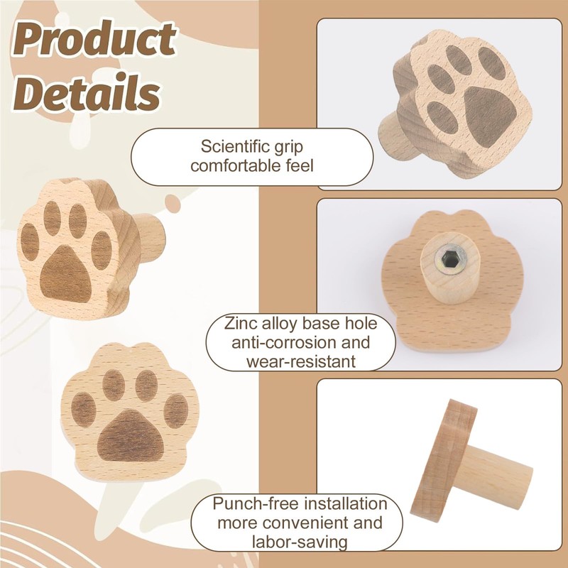 MOROBOR Cat Paw Print Drawer Knobs, 6 Pack Wooden Single