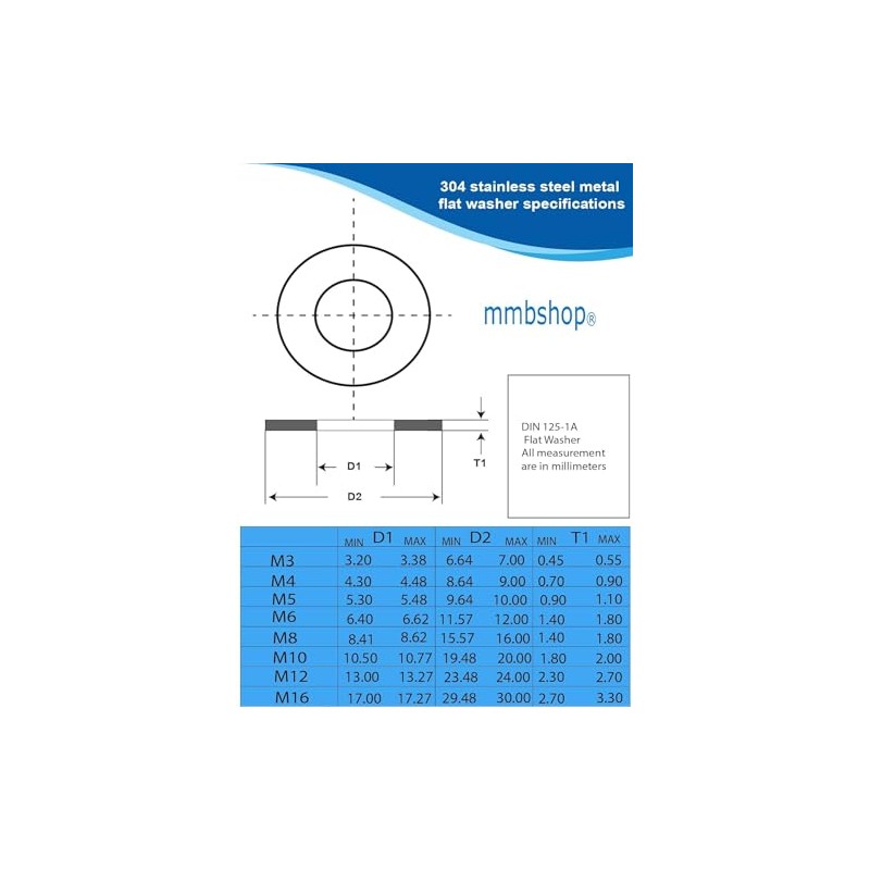 M3-16 Stainless Steel Washers, Form A Thick Flat washer Grade