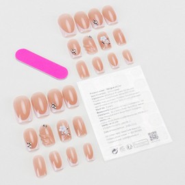 24Pcs French Tip Press on Nails Short Square Fake Nails Reusable False Nails Kit Square Nails with 3D Flower and Rhinestone Design Handmade Nails Press ons Glossy Full Cover Stick on Nails for Women