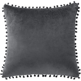 PiccoCasa Velvet Pillow Covers, 1PCS Pom Pom Christmas Throw Pillow Cover, Square Solid Soft Cushion Covers for Sofa Couch Bedroom Car Dark Gray 20inx20in