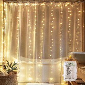 HOLITS Fairy Lights for Shower Curtains, Waterproof String Lights for 72 x 72 Inches Shower Curtains Battery Operated Warm White Curtain Lights for Bathroom, 180 LEDs Indoor Outdoor Decor (NO CURTAIN)
