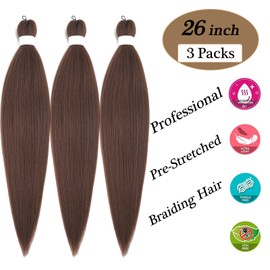 Brown Braiding Hair Pre Stretched Micro Prestretched Braiding Hair 26 inch 3 Packs Synthetic Hair for Braiding Long Itch Free Crochet Twist Box Braids Yaki Weave Knotless Braiding Hair Extensions