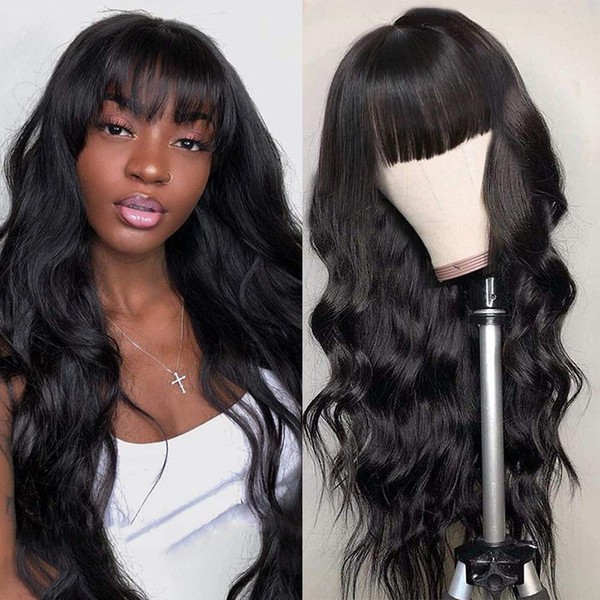 Amella Hair Brazilian Virgin Human Hair Body Wave Wigs With Bangs None Lace Front Wigs Glueless Machine Made Wigs For Black Women 150% Density Natural Black Color (16inch Body Wave)