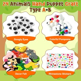 WATINC 24Pcs Hand Puppet Making Kit for Kids Large Medium Art Craft Felt Sock Puppet Creative DIY Make Your Own Puppets Pipe Cleaners Pompoms Storytelling Role Play Party Supplies Gift for Girls Boys