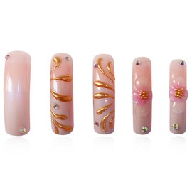 RUOKEXIN Curved Nail Tips,XXL Long Press on Nails Extra Curve Square Fake Nails Pink Ombre False Nails with Gold 3D Flower Designs Sparkly Artificial Nails for Women 20Pcs