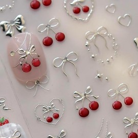Bow Fruit Nail Stickers Cherry Heart 5D Embossed Nail Art Stickers Summer Cute Nail Decals DIY Self Adhesive Hearts Star Nail Design Nail Decoration for Women Supplies Manicure Accessories