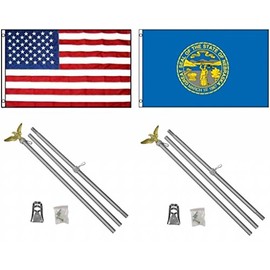 3'x5' NEBRASKA & AMERICAN US Flags & 2 Aluminum POLE KITS