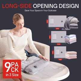 VMstr 9 Pack Travel Vacuum Storage Bags, Vacuum Packing Seal Bags for Luggage, Carry-on Size Space Saver for Clothes and Clothing Travel