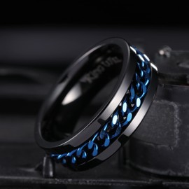 King Will Stainless Steel Men's Ring-8mm Black Fidget Spinner Ring with Blue Chain, 316L Stainless Steel Anxiety Ring for Men Women with Stress Free, Cool Wedding Band Comfort Fit(11)