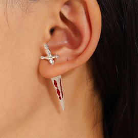 Allereyae Vintage Rubby Sword Ear Jacket Earrings Dagger Sword Jacket Earrings Punk Sword Earrings Silver Front And Back Earrings Jewelry for Women (Silver)