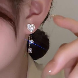 Inilbran Boho Crystal Heart Earrings Gold Rhinestone Heart Ear Jacket Earrings Shiny Cz Paved Heart Earrings Vintage Crystal Heart Tassel Earrings Jewelry for Women and Girls