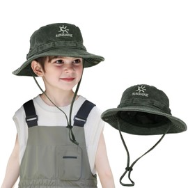 TAGVO Vintage Sun Hat Children, Unisex Summer Fishing Hat Boys with Adjustable Chin Strap for 2-3 Years, Breathable Sun Hat for Outdoor and Beach, Army Green
