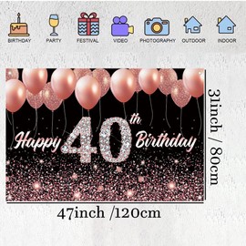 Tecreo Happy 40th Birthday Party Decoration Backdrop Banner for Woman Happy 40 Years Old Fabric Sign Poster, Glitter Rose Gold Photography Background 40th Birthday Table Decoration, 120cm x 80cm