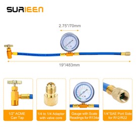 R134A AC Recharge Hose with Gauge and BPV31 Bullet Piercing Tap Valve Kit, 1/4" to 1/4" Adapter with valve core, R134a Can Tap, 1/4’’ SAE Hose for R12 R22 Port, for Air Conditioning Refrigerant System
