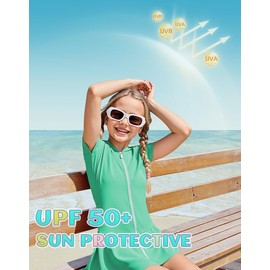 Girls Sun Protective Swim Cover Up Hooded with Full-Length Zipper Short Sleeve UPF 50+ Beach Dress Coverup