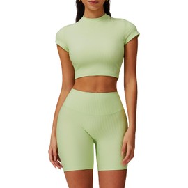 Women’s 2 Piece Workout Set – Short Sleeve Crop Top & High Waist Biker Shorts – Yoga Outfit Activewear for Gym, Running & Training