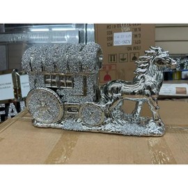 XXL Crushed Diamond Horse & Wagon Ornament – 35cm Silver Gypsy Carriage Shelf Sitter – Crystal Bling Traveller Caravan Decor – Horse with Buggy & Big Wheels – Luxury Gift & Home Decoration