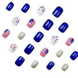 Short Press on Nails 4th of July Fake Nails with Dot Flag Desgins Square Glue on Nails Press ons Cute Acrylic Nails Independence Day False Nails Gold Glitter Stick on Nails for Women 24 Pcs