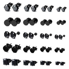 FIBO STEEL 20 Pairs Stainless Steel Black Stud Earrings for Men Women Earring Set CZ Inlaid