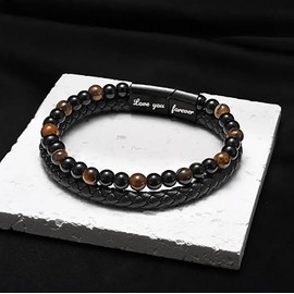 The Guardian-Daughter's Tiger Eye Protection Bracelet From Mom, To My Daughter Leather Volcanic Rock Black Beaded Cuff Bangle Engarved With Love You Forever Jewelry Gift For Women (Love you forever)